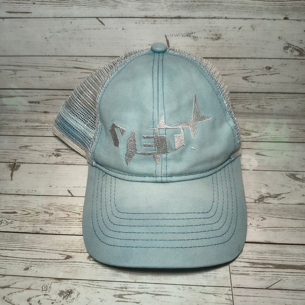 YETI‎ Coolers Trucker Hat Light Blue Silver Fish Logo Snapback Mesh Cap Womens